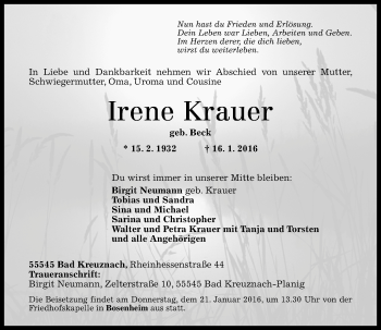 Traueranzeige von Irene Krauer von  Allg. Zeitung Bad Kreuznach