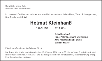 Traueranzeige von Helmut Kleinhanß von  Wormser Zeitung