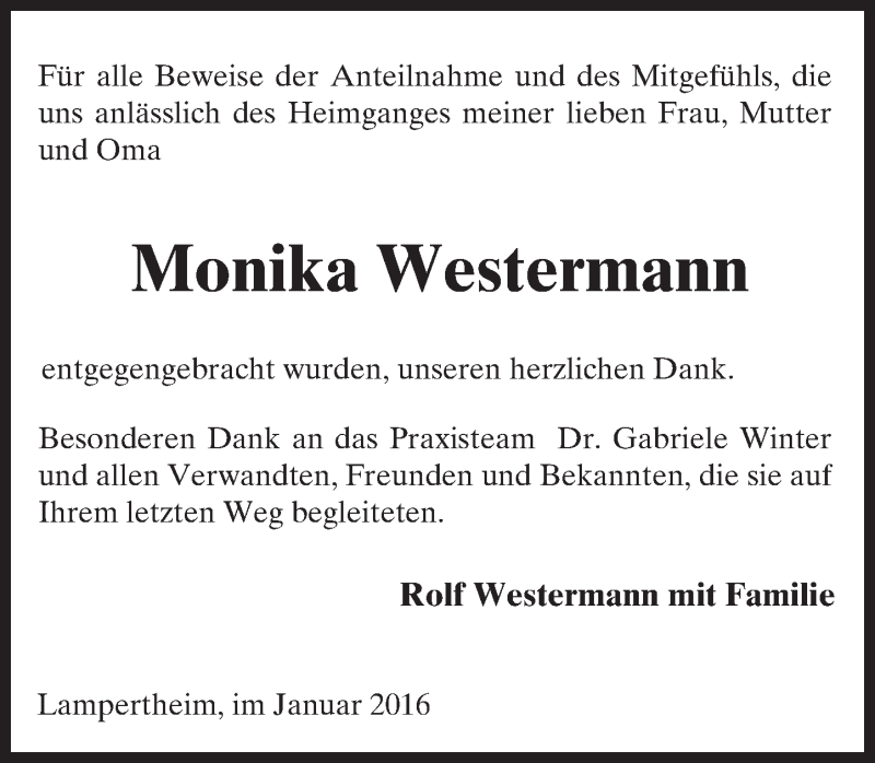  Traueranzeige für Monika Westermann vom 30.01.2016 aus  Bürstädter Zeitung