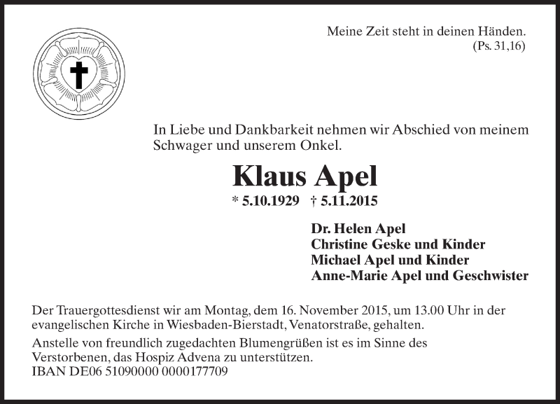  Traueranzeige für Klaus Apel vom 11.11.2015 aus  Wiesbaden komplett