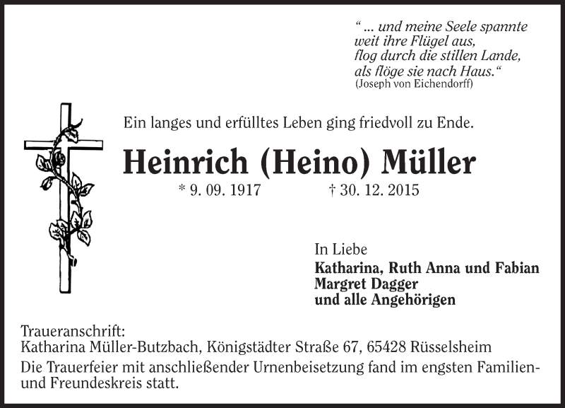  Traueranzeige für Heinrich Müller vom 23.01.2016 aus  Mainspitze