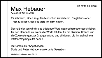 Traueranzeige von Max Hebauer von  Bürstädter Zeitung