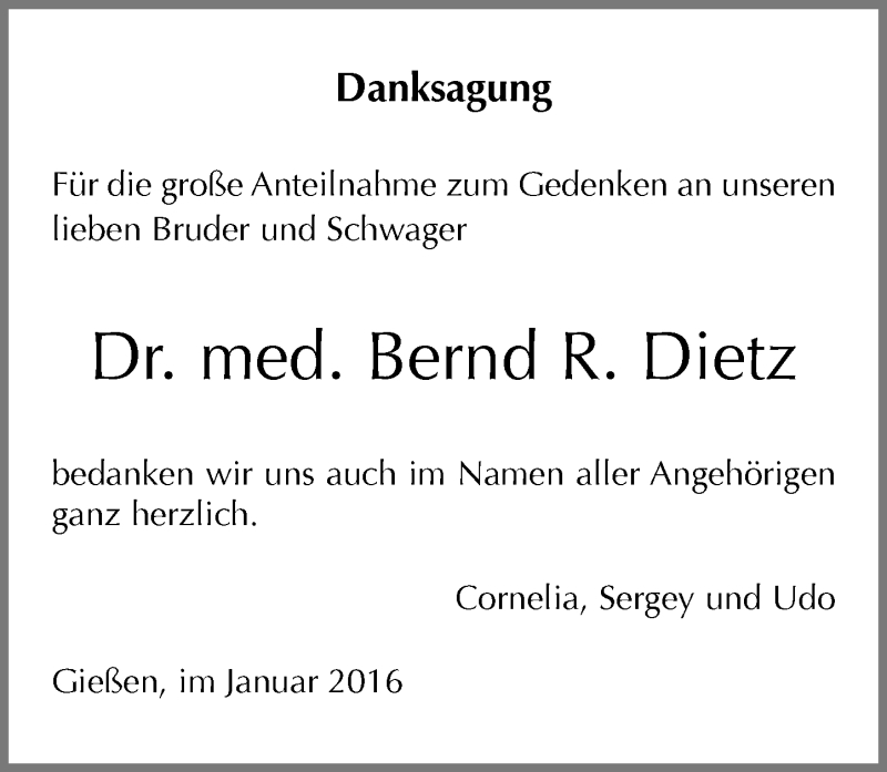  Traueranzeige für Bernd R. Dietz vom 16.01.2016 aus  Gießener Anzeiger