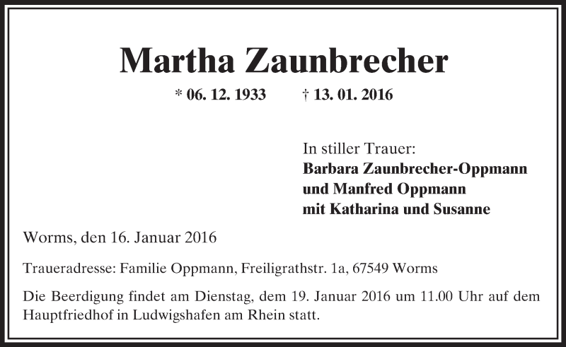  Traueranzeige für Martha Zaunbrecher vom 16.01.2016 aus  Wormser Zeitung