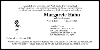 Traueranzeige von Margarete Hahn von  Gießener Anzeiger