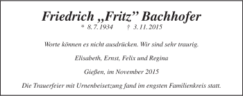 Traueranzeige von Friedrich Bachhofer von  Gießener Anzeiger