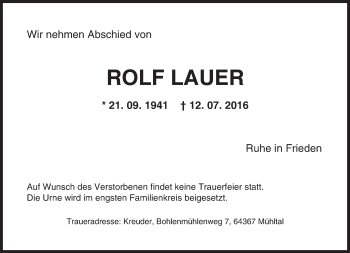 Traueranzeige von Rolf Lauer von Trauerportal Rhein Main Presse
