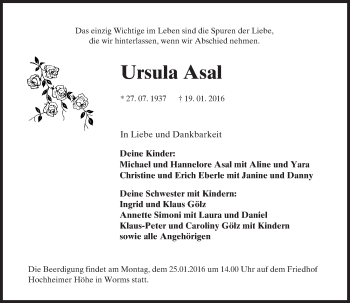 Traueranzeige von Ursula Asal von  Wormser Zeitung