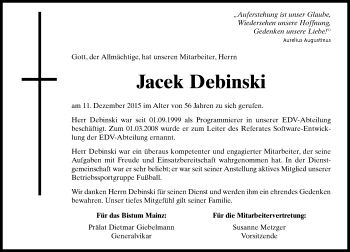 Traueranzeige von Jacek Debinski von  Allgemeine Zeitung Mainz