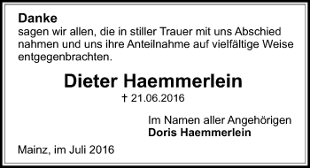 Traueranzeige von Dieter Haemmerlein von Trauerportal Rhein Main Presse