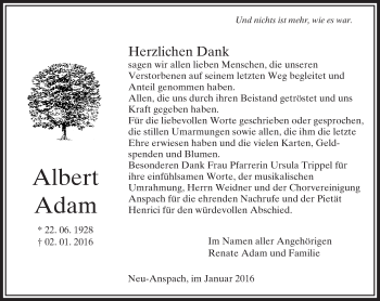 Traueranzeige von Albert Adam von  Usinger Anzeiger