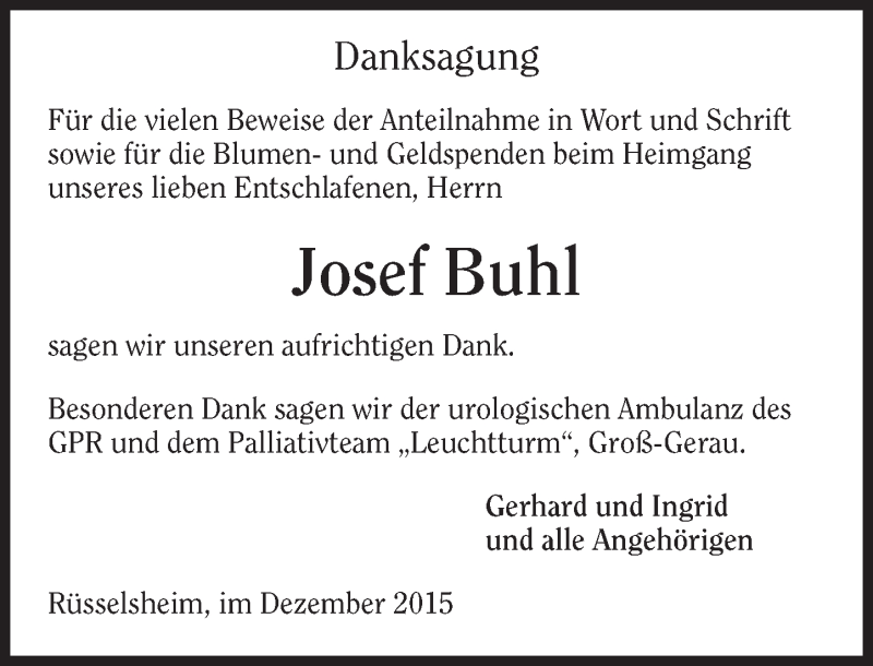  Traueranzeige für Josef Buhl vom 31.12.2015 aus  Mainspitze