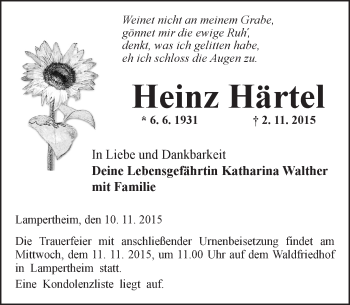 Traueranzeige von Heinz Härtel von  Bürstädter Zeitung