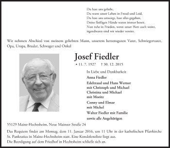 Traueranzeige von Josef Fiedler von  Allgemeine Zeitung Mainz