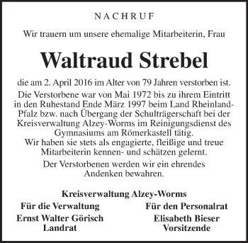 Traueranzeige von Waltraud Strebel von  Allgemeine Zeitung Alzey