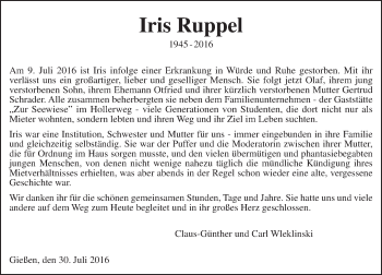 Traueranzeige von Iris Ruppel von  Gießener Anzeiger