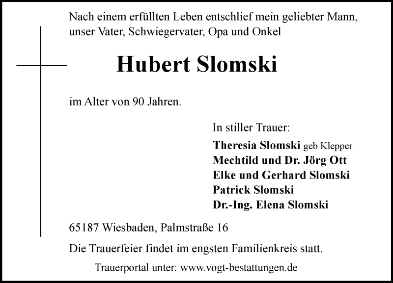  Traueranzeige für Hubert Slomski vom 06.02.2016 aus  Wiesbaden komplett