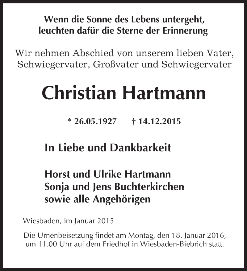  Traueranzeige für Christian Hartmann vom 11.01.2016 aus  Wiesbaden komplett