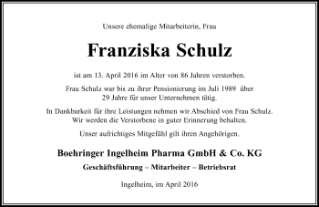 Traueranzeige von Franziska Schulz von trauer.rmp.de