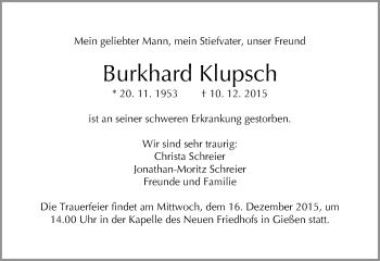 Traueranzeige von Burkhard Klupsch von  Gießener Anzeiger