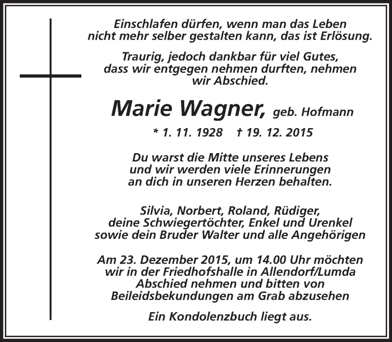  Traueranzeige für Marie Wagner vom 22.12.2015 aus  Gießener Anzeiger
