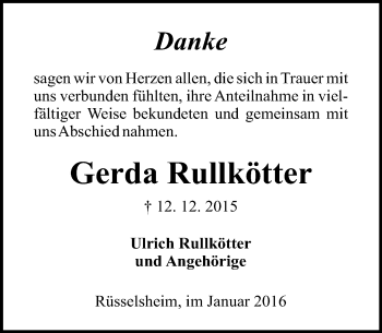 Traueranzeige von Gerda Rullkötter von  Mainspitze