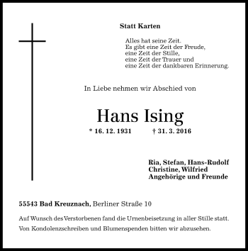Traueranzeige von Hans Ising von  Allg. Zeitung Bad Kreuznach