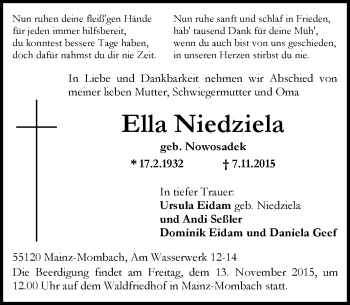 Traueranzeige von Ella Niedziela von  Allgemeine Zeitung Mainz