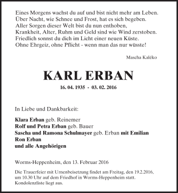Traueranzeige von Karl Erban von  Wormser Zeitung