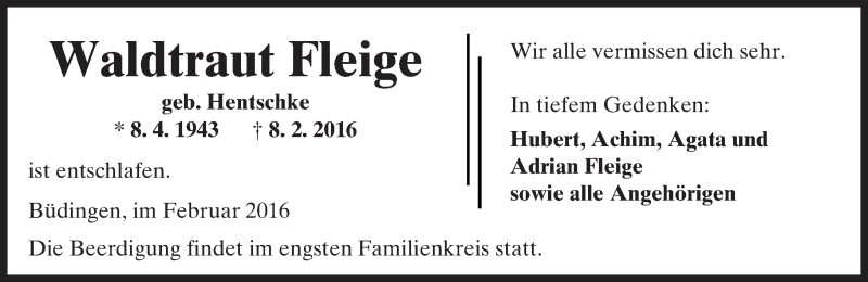  Traueranzeige für Waldtraut Fleige vom 11.02.2016 aus  Kreisanzeiger