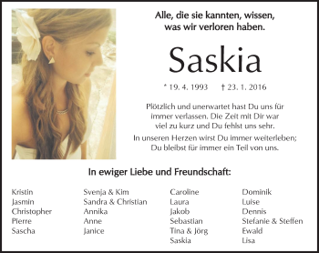 Traueranzeige von Saskia Schnarr von  Kreisanzeiger