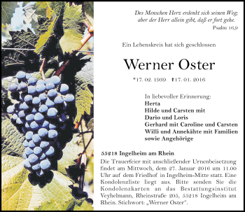 Traueranzeige von Werner Oster von  Allgemeine  Zeitung Ingelheim-Bingen