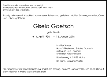 Traueranzeige von Gisela Goetsch von  Allgemeine Zeitung Mainz