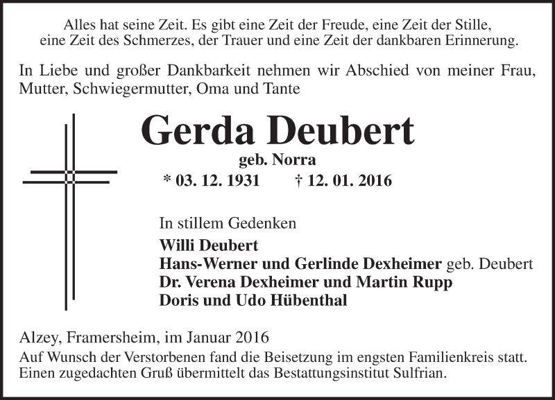  Traueranzeige für Gerda Deubert vom 23.01.2016 aus  Allgemeine Zeitung Alzey