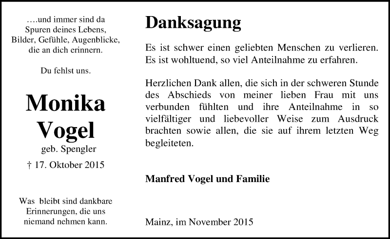  Traueranzeige für Monika Vogel vom 14.11.2015 aus  Allgemeine Zeitung Mainz
