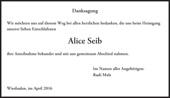 Traueranzeige von Alice Seib von  Wiesbaden komplett
