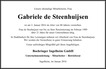 Traueranzeige von Gabriele  de Steenhuijsen von trauer.rmp.de