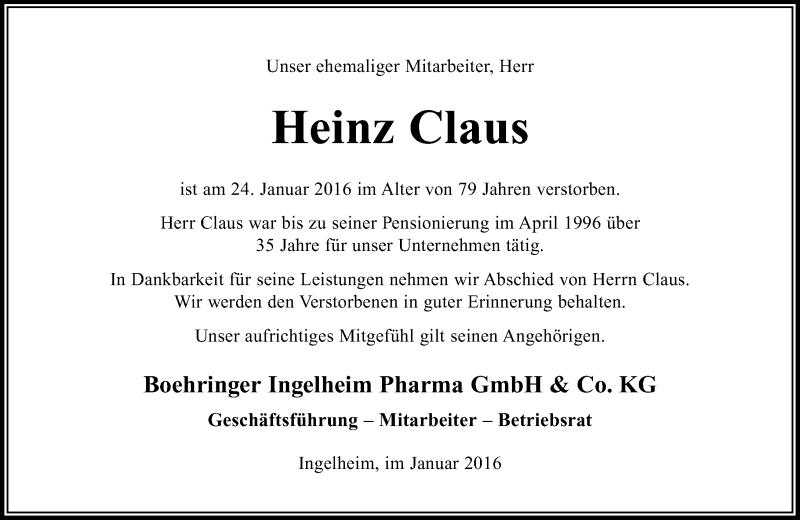  Traueranzeige für Heinz Claus vom 30.01.2016 aus trauer.rmp.de