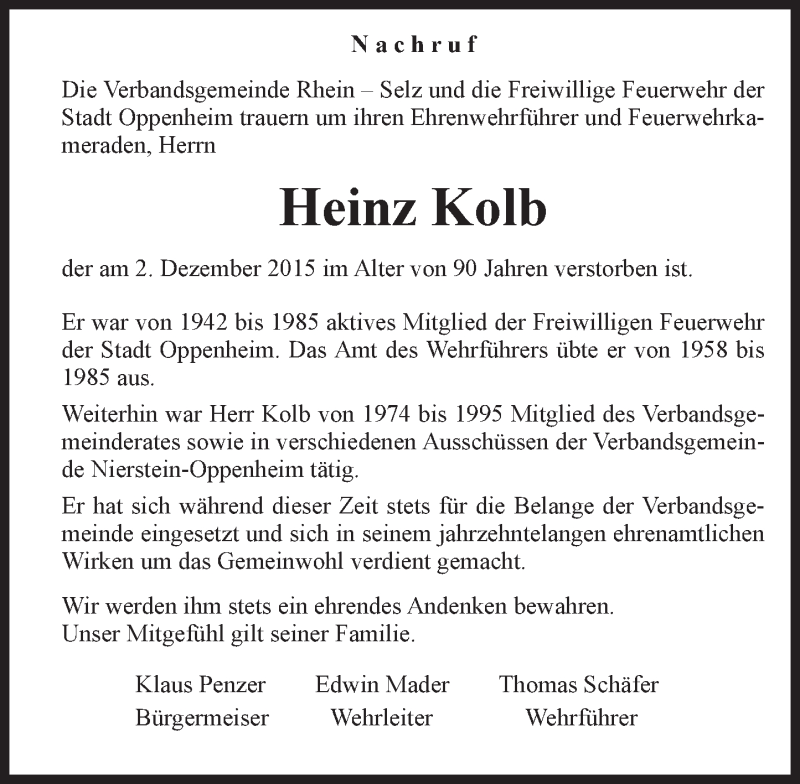  Traueranzeige für Heinz Kolb vom 05.12.2015 aus  Landskrone