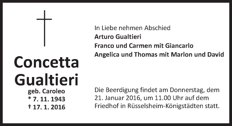  Traueranzeige für Concetta Gualtieri vom 19.01.2016 aus  Mainspitze