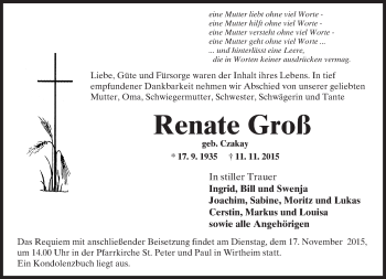 Traueranzeige von Renate Groß von  Gelnhäuser Tageblatt