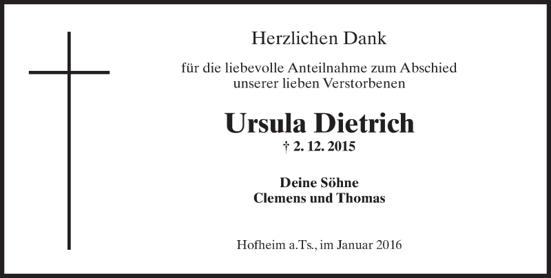  Traueranzeige für Ursula Dietrich vom 15.01.2016 aus  Hofheimer Zeitung