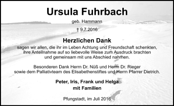 Traueranzeige von Ursula Fuhrbach von Trauerportal Echo Online