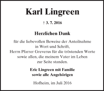 Traueranzeige von Karl Lingreen von Trauerportal Rhein Main Presse