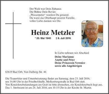 Traueranzeige von Heinz Metzler von  Gelnhäuser Tageblatt