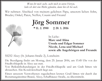 Traueranzeige von Jörg Sommer von  Allgemeine Zeitung Alzey