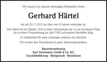 Traueranzeige von Gerhard Härtel von  Allgemeine  Zeitung Ingelheim-Bingen
