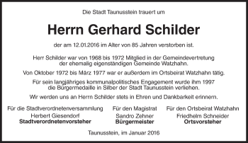 Traueranzeige von Gerhard Schilder von  WK-UTA/Aar-Bote