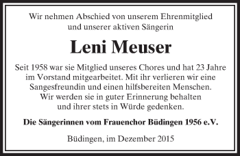 Traueranzeige von Leni Meuser von  Kreisanzeiger