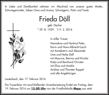 Traueranzeige von Frieda Döll von VRM Trauer